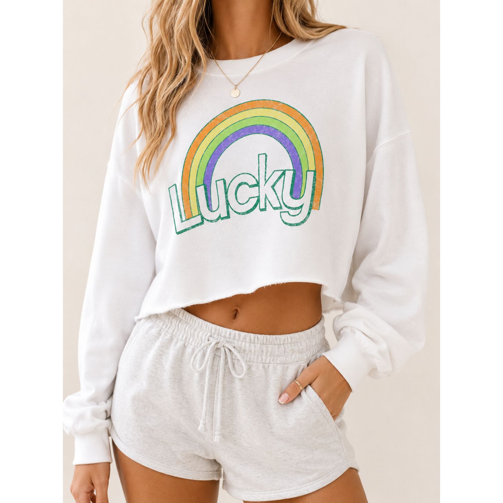 Grayson Threads Lucky Rainbow Cropped Sweatshirt White Fleece Graphic Size M